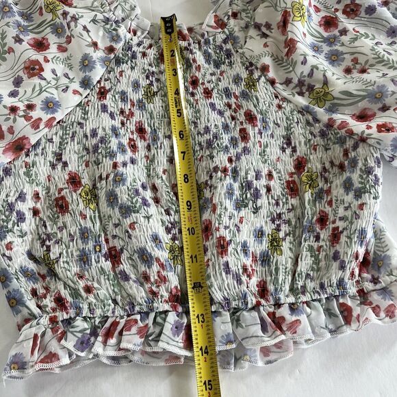 70/21 Ruffle Trim Floral Print Crop Top Womens Size Large with Puff Sleeves NWT - Picture 11 of 14